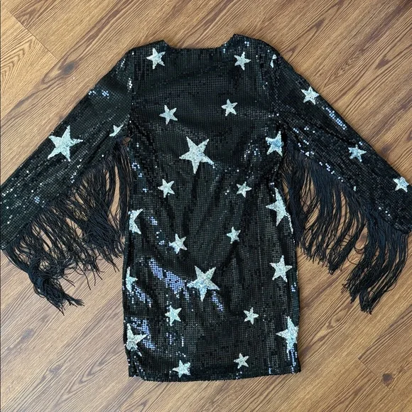RRD Sequin Star Black Mini Dress with Fringe Sleeves - Picture 4 of 4